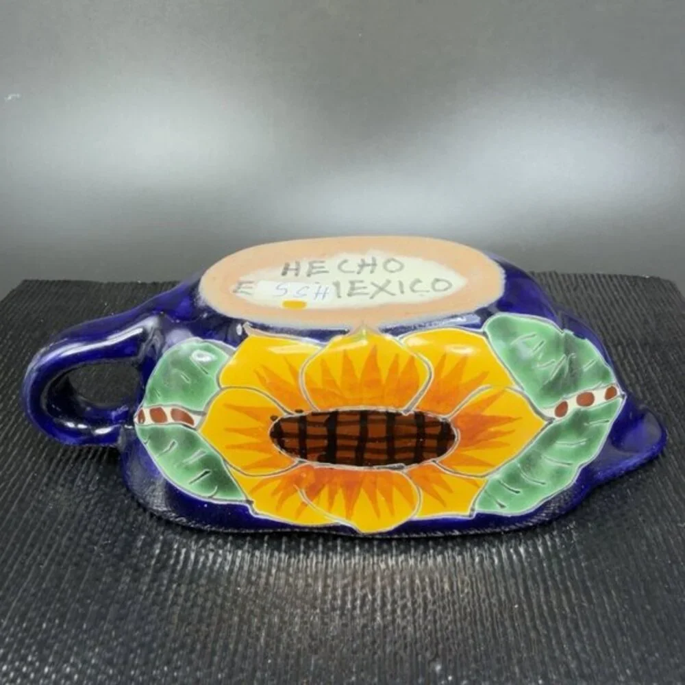 Hand Made Mexican Pottery Talavera Gravy Boat Salsa Dish Container Sunflower VTG